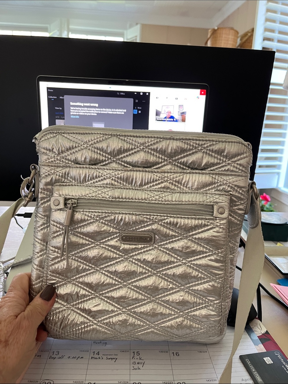 Baggallini Metallic Quilted Silver Crossbody with Cream Strap